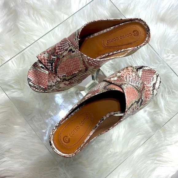 NWT corso como leather platinum pink snake slip on mules espadrille heel 6.5 - Picture 14 of 16
